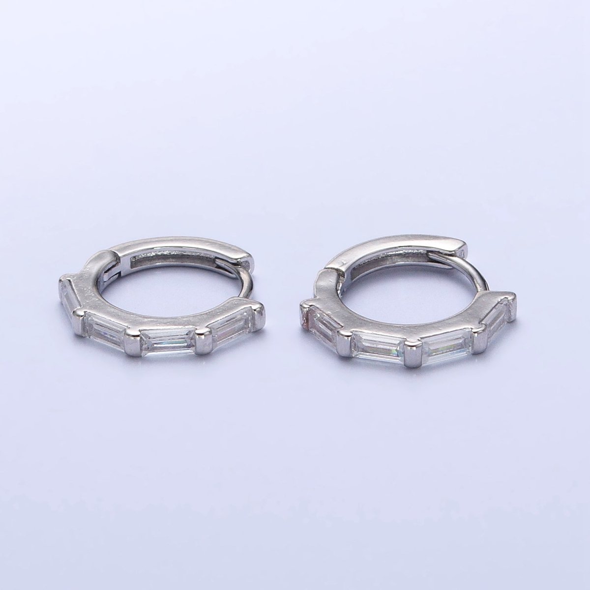 Clear Baguette Lined 14mm Silver Huggie Hoop Earrings | AB449 - DLUXCA