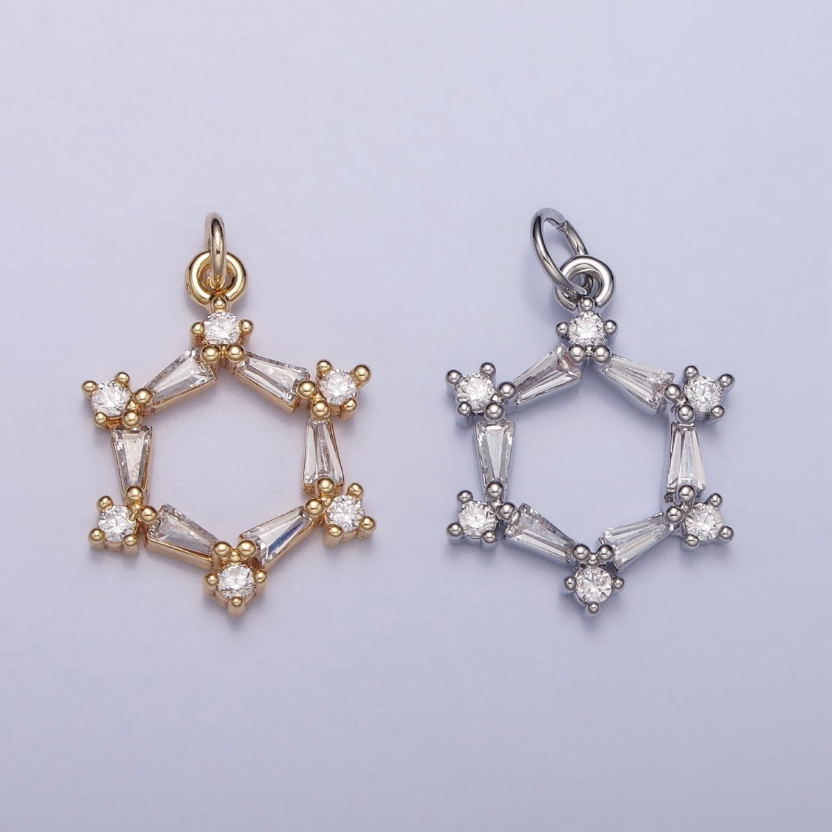 Clear Baguette Round CZ Hexagonal Open Geometric Charm in Gold & Silver | AC353 AC448 - DLUXCA