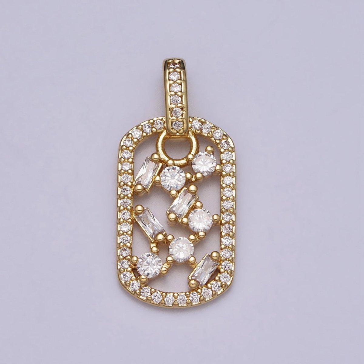 Clear Baguette Round CZ Open Micro Paved Rectangular Tag Pendant | AA080 - DLUXCA