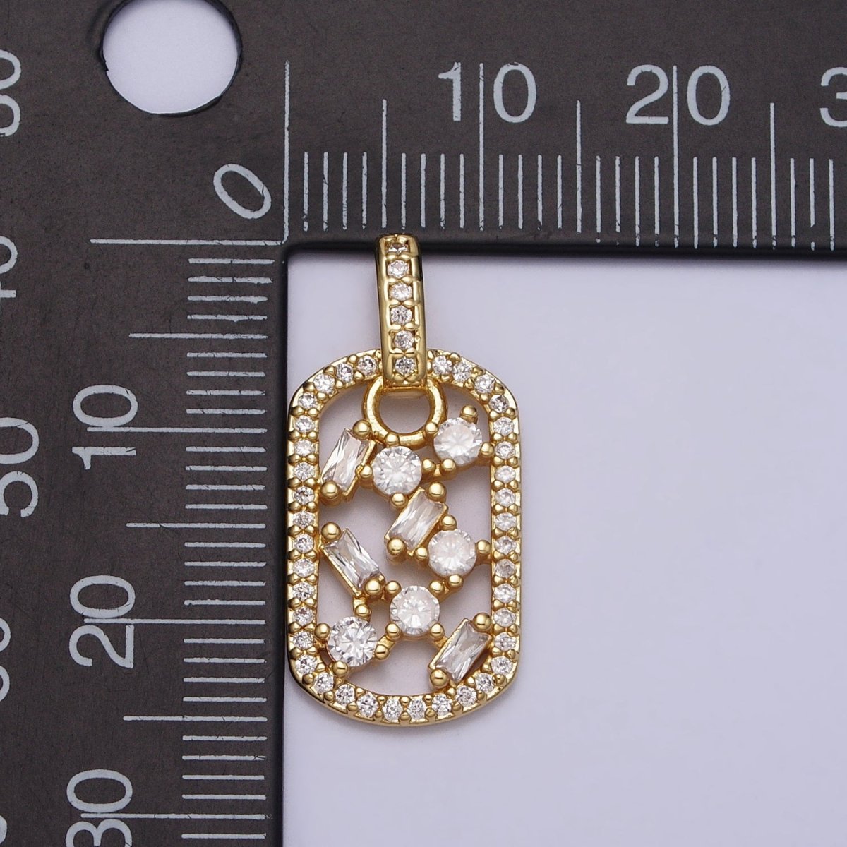 Clear Baguette Round CZ Open Micro Paved Rectangular Tag Pendant | AA080 - DLUXCA