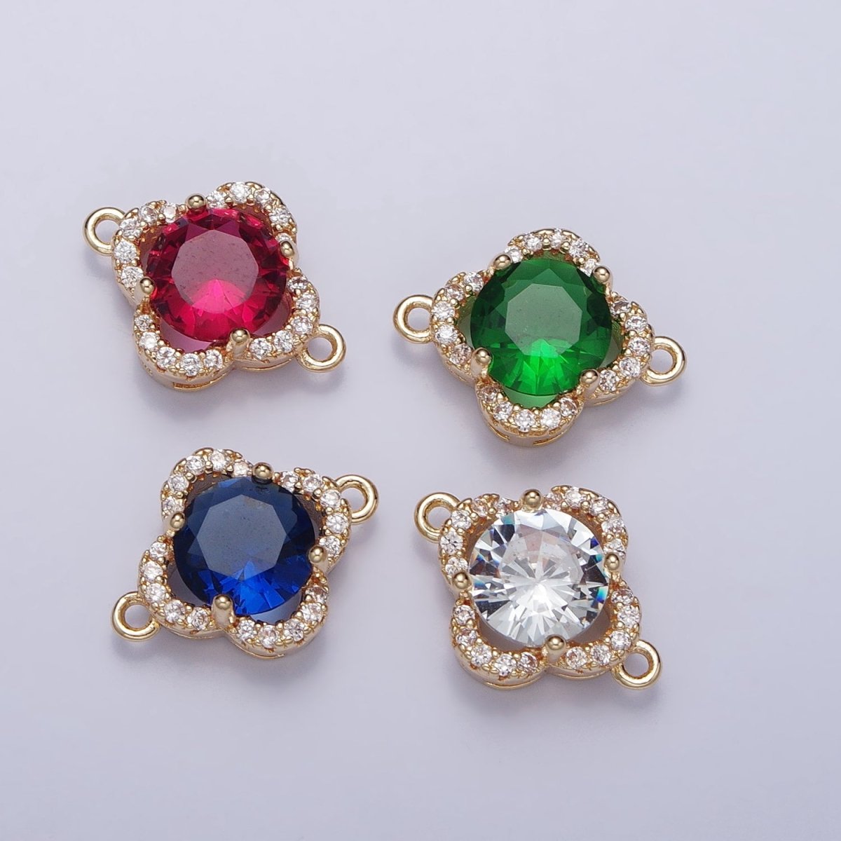 Clear, Blue, Red, Green Round CZ Micro Paved Quatrefoil Clover Gold Connector | AA-810 - AA-813 - DLUXCA