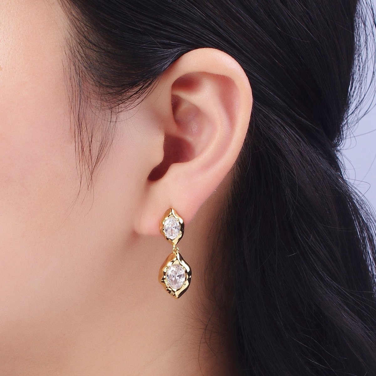Clear Cubic Zirconia Abstract Drop Dangle Stud Earrings in Gold & Silver | AE1091 AE1092 - DLUXCA