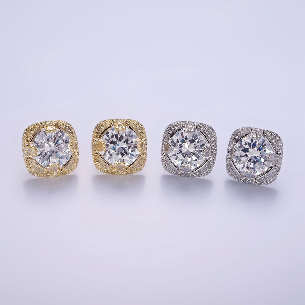 Clear CZ Bezel Rounded Square Stud Earrings in Gold & Silver | V528 V529 - DLUXCA