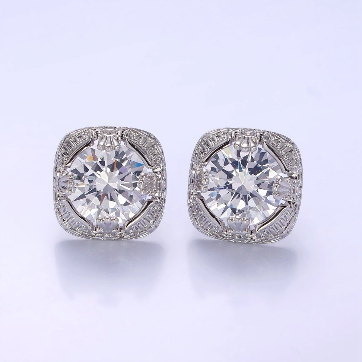 Clear CZ Bezel Rounded Square Stud Earrings in Gold & Silver | V528 V529 - DLUXCA