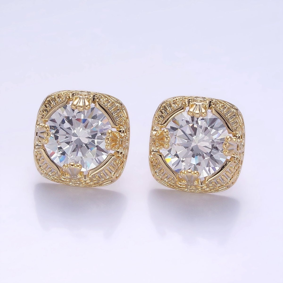 Clear CZ Bezel Rounded Square Stud Earrings in Gold & Silver | V528 V529 - DLUXCA