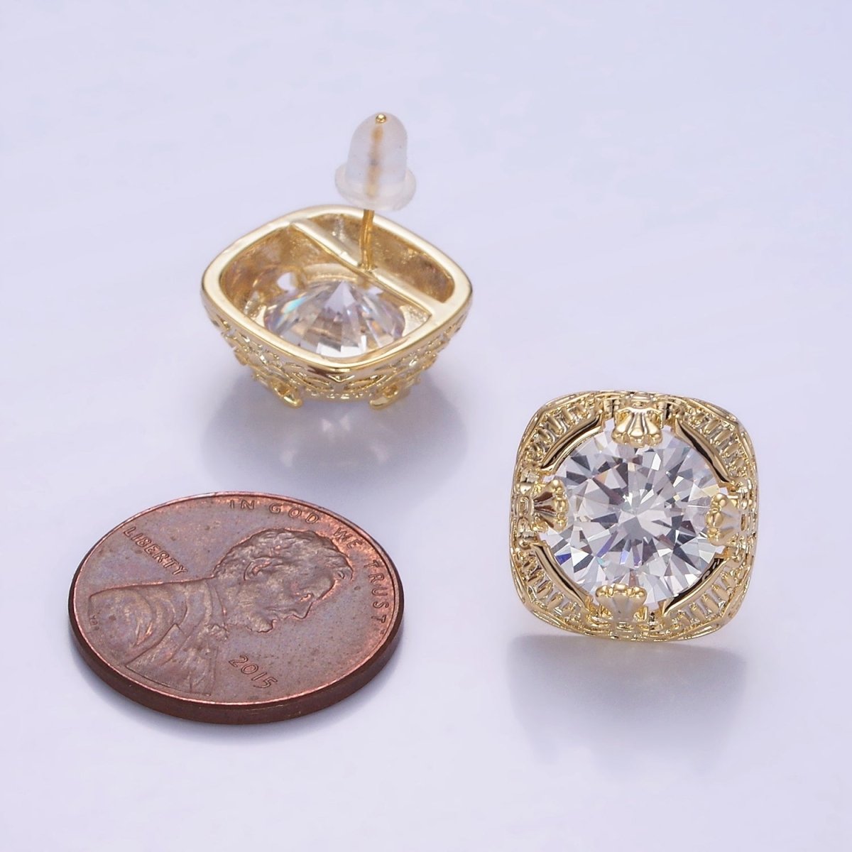 Clear CZ Bezel Rounded Square Stud Earrings in Gold & Silver | V528 V529 - DLUXCA