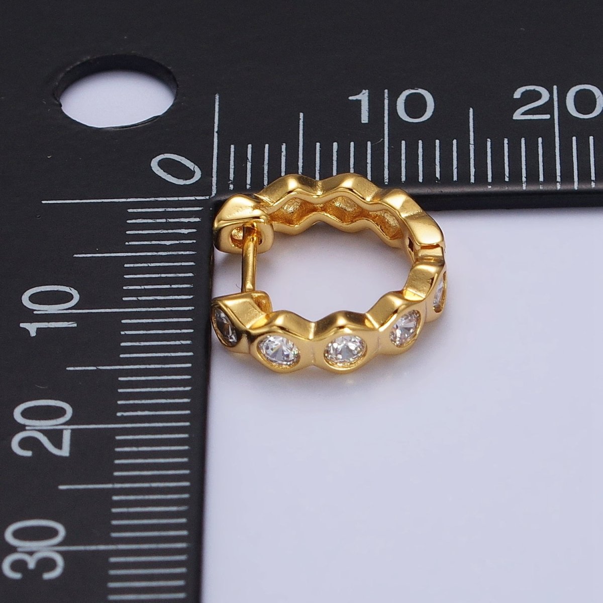 Clear CZ Hexagonal Lined 13.5mm Gold Huggie Earrings | AB122 - DLUXCA