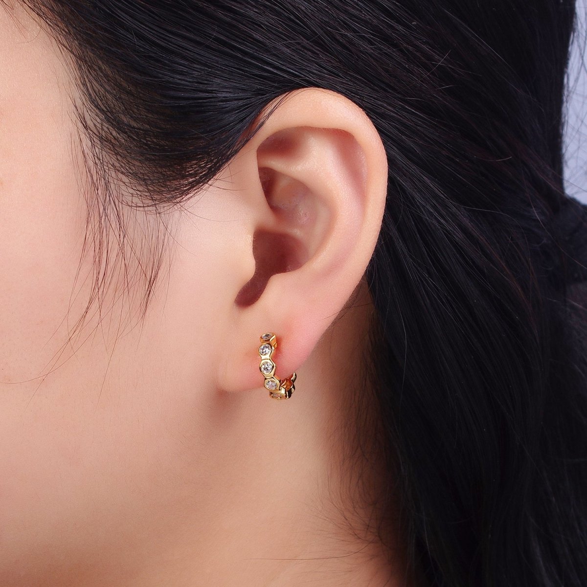 Clear CZ Hexagonal Lined 13.5mm Gold Huggie Earrings | AB122 - DLUXCA