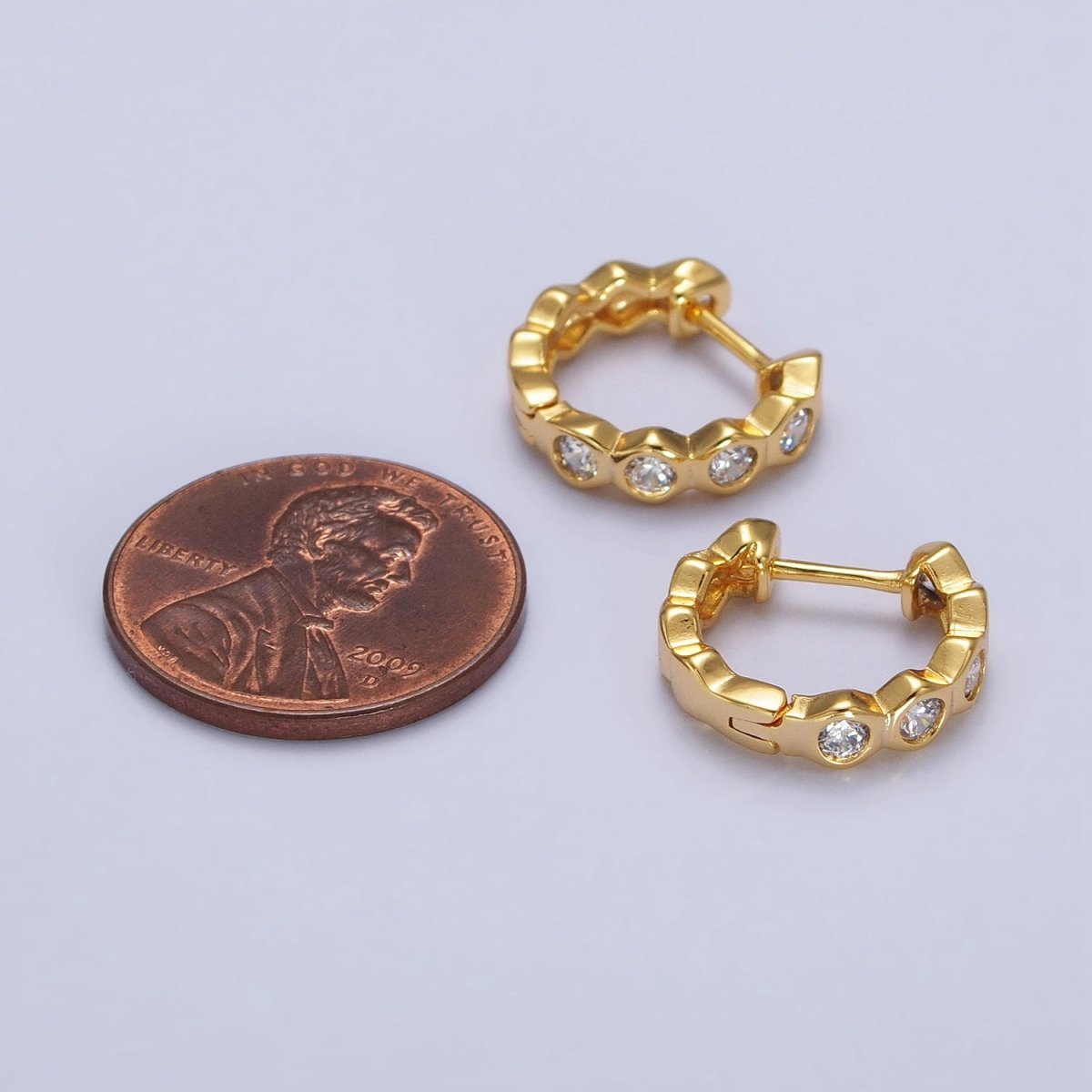 Clear CZ Hexagonal Lined 13.5mm Gold Huggie Earrings | AB122 - DLUXCA