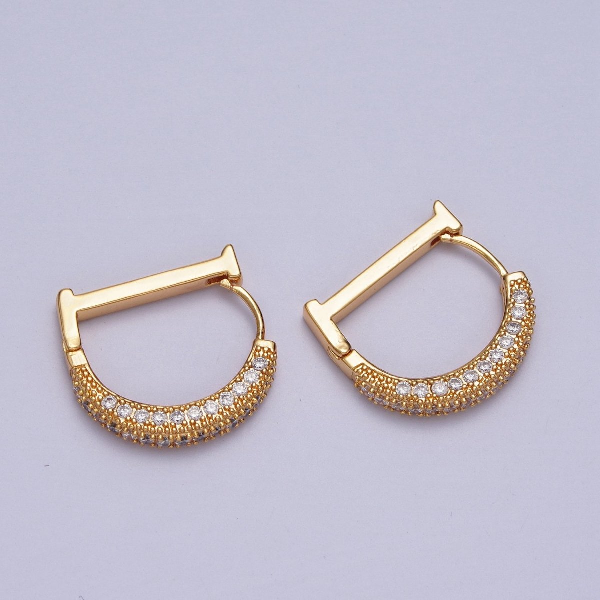 Clear CZ Micro Paved Geometric D-Shaped Gold Huggie Earrings | AB001 - DLUXCA