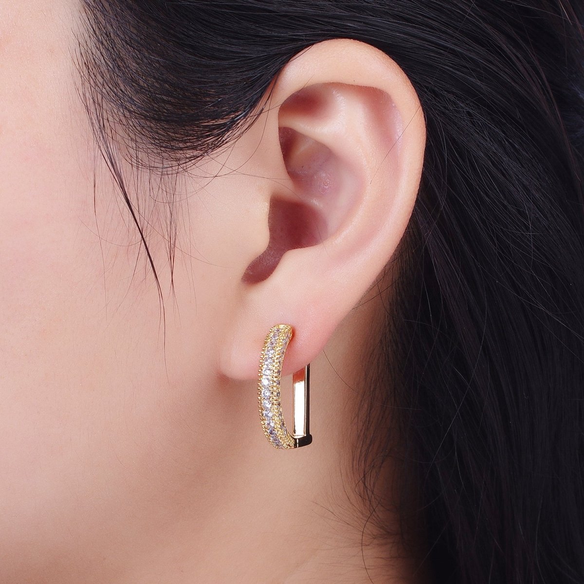 Clear CZ Micro Paved Geometric D-Shaped Gold Huggie Earrings | AB001 - DLUXCA