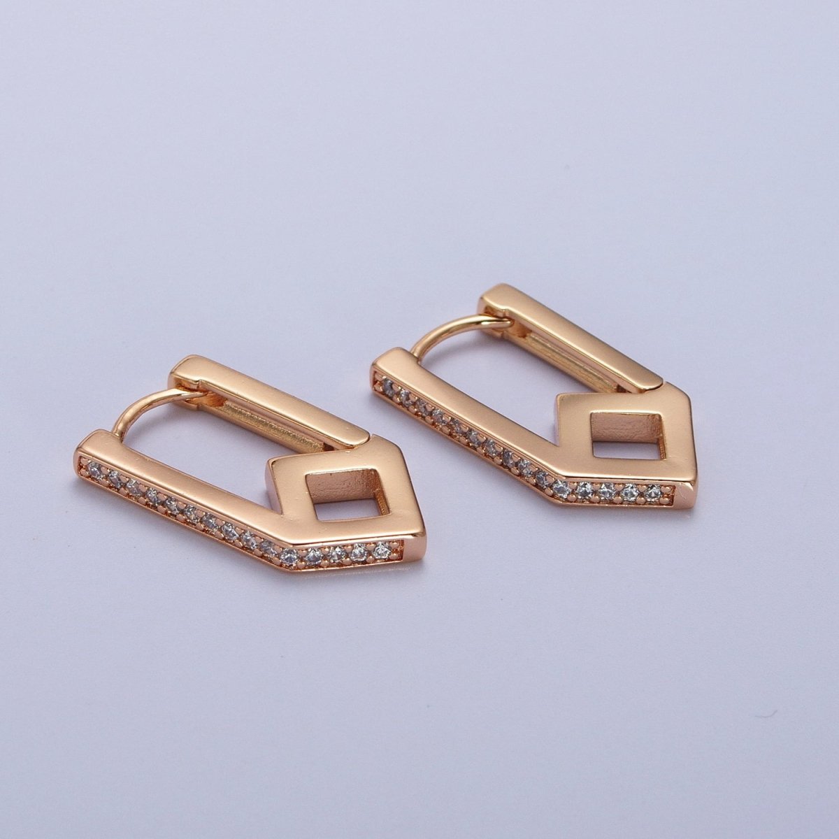 Clear CZ Micro Paved Geometric Oblong Rhombus Huggie Gold Earrings | AB029 - DLUXCA