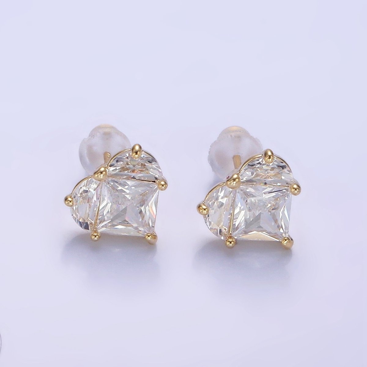 Clear CZ Pixel Heart Stud Earrings in Gold & Silver | V526 V527 - DLUXCA
