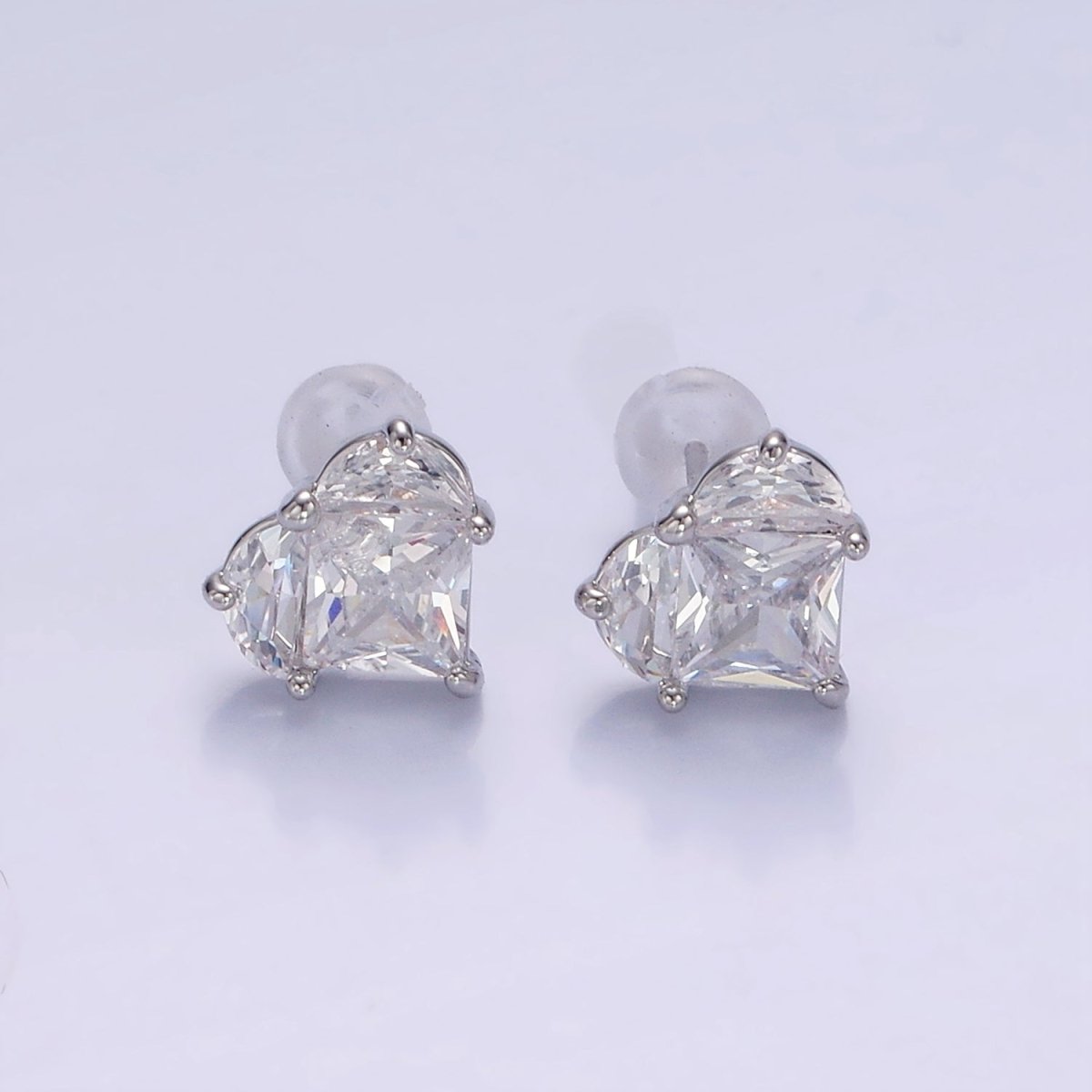 Clear CZ Pixel Heart Stud Earrings in Gold & Silver | V526 V527 - DLUXCA
