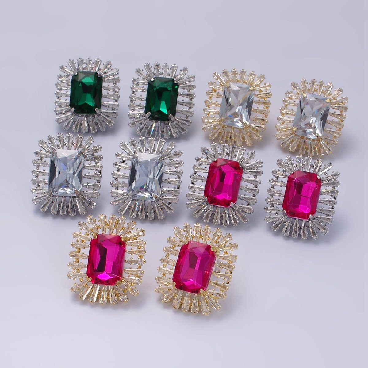 Clear, Fuchsia, Green Baguette Triangle CZ Outline Stud Earrings in Gold & Silver | AE257 - AE261 - DLUXCA