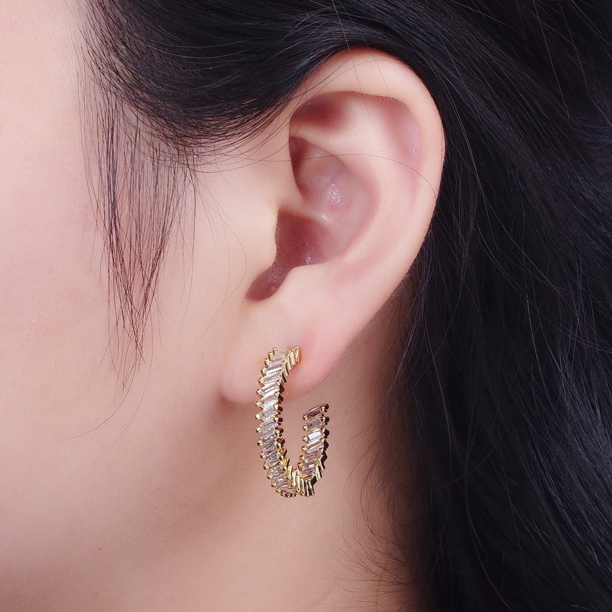 Clear Gold Baguette CZ Hoop Earrings | Gold Cubic Zirconia Earrings | Gold CZ Earrings | Baguette Hoop Earrings | CZ Baguette Earrings P-288 - DLUXCA
