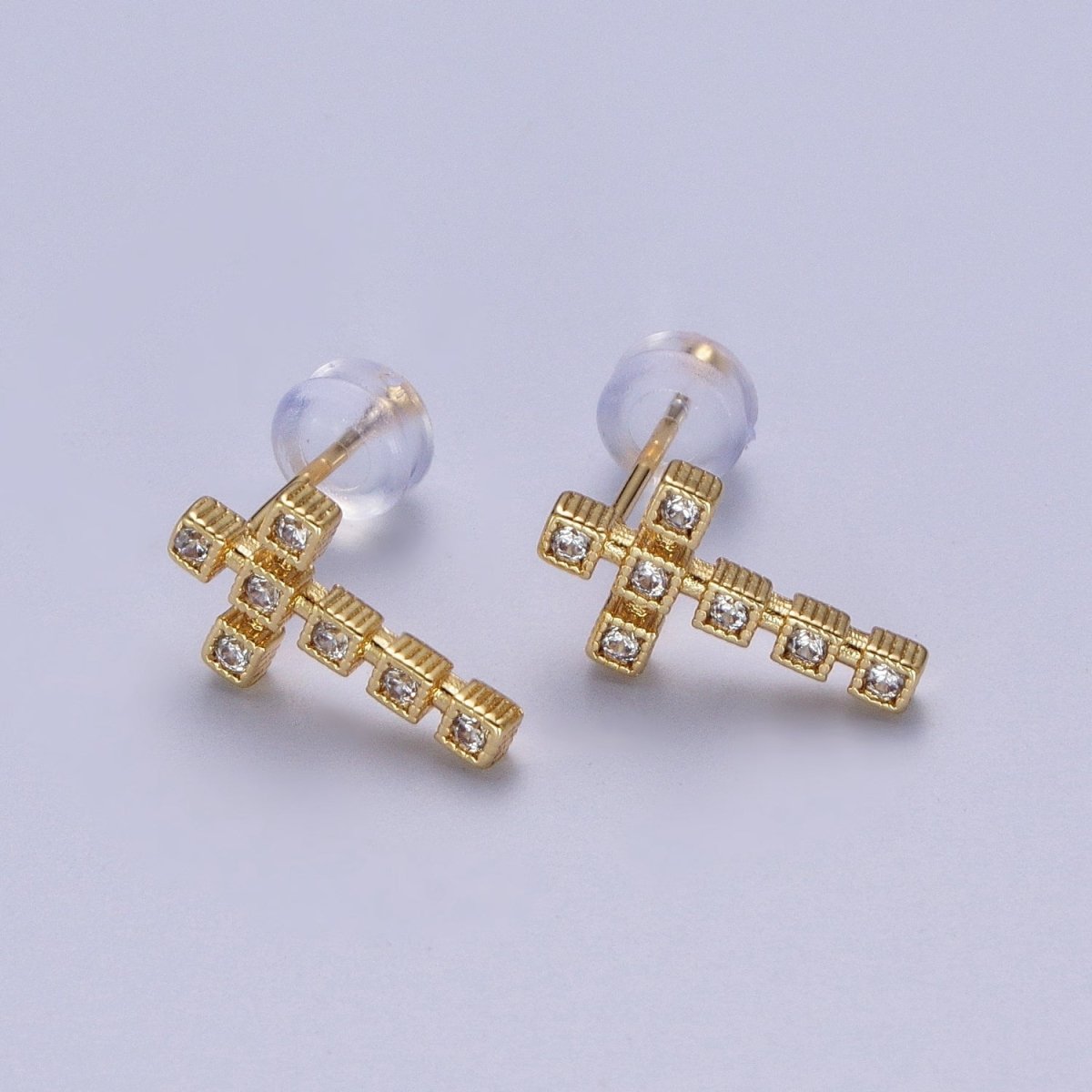 Clear Green Fuchsia Cross Square Baguette Cubic Zirconia CZ Gold Religious Stud Earrings | P-279 P-280 P-281 - DLUXCA