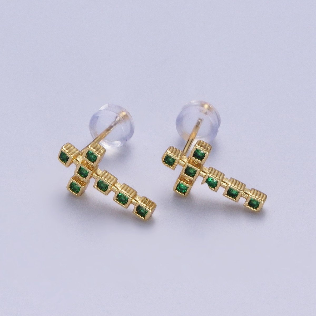 Clear Green Fuchsia Cross Square Baguette Cubic Zirconia CZ Gold Religious Stud Earrings | P-279 P-280 P-281 - DLUXCA