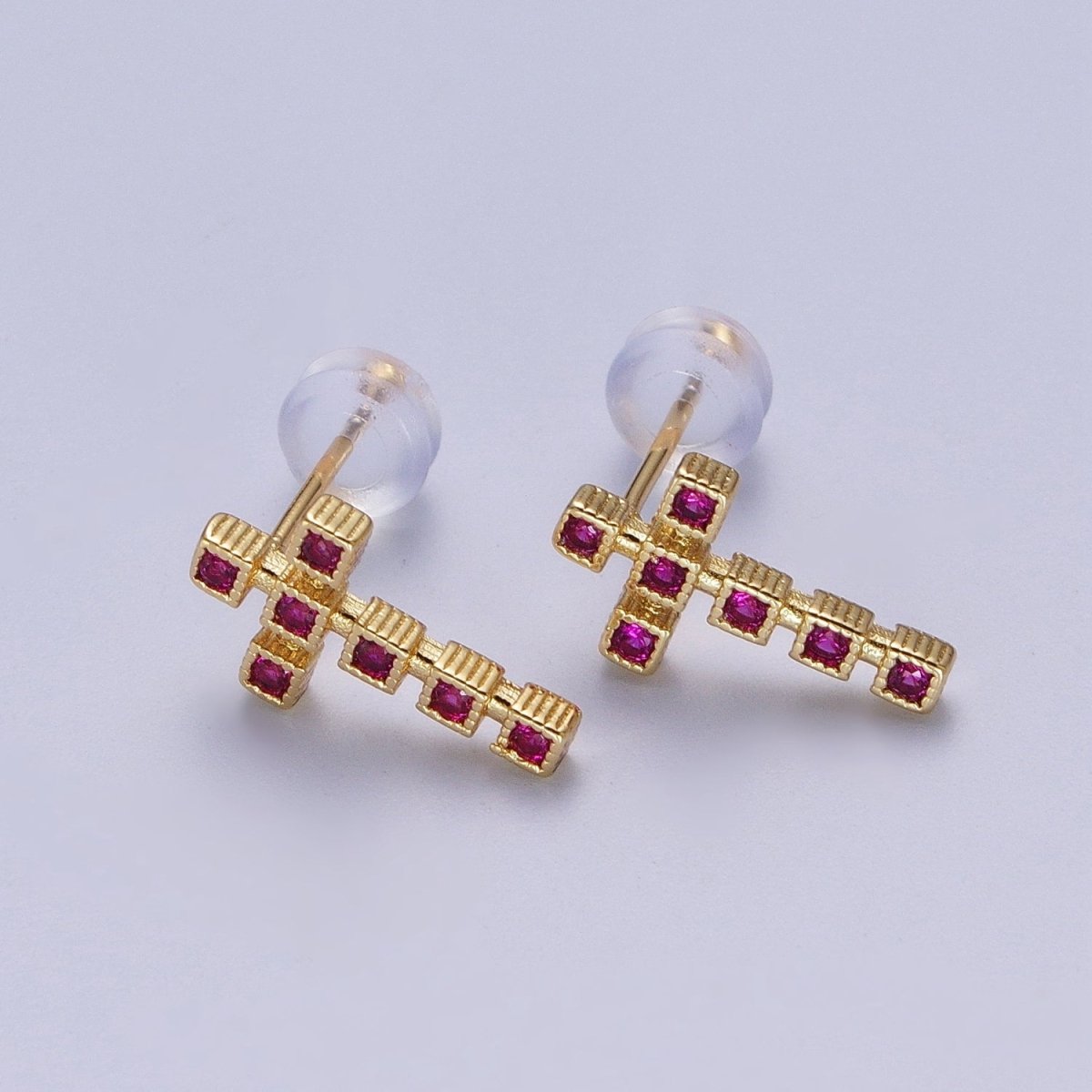 Clear Green Fuchsia Cross Square Baguette Cubic Zirconia CZ Gold Religious Stud Earrings | P-279 P-280 P-281 - DLUXCA