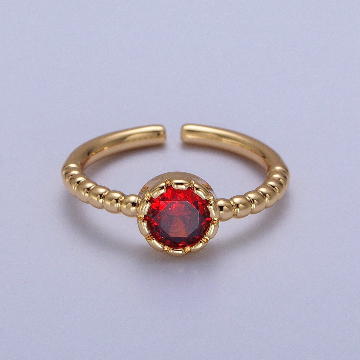 Clear, Green, Red Round CZ Solitaire Beaded Adjustable Gold Ring | Y-554 ~ Y-556 - DLUXCA