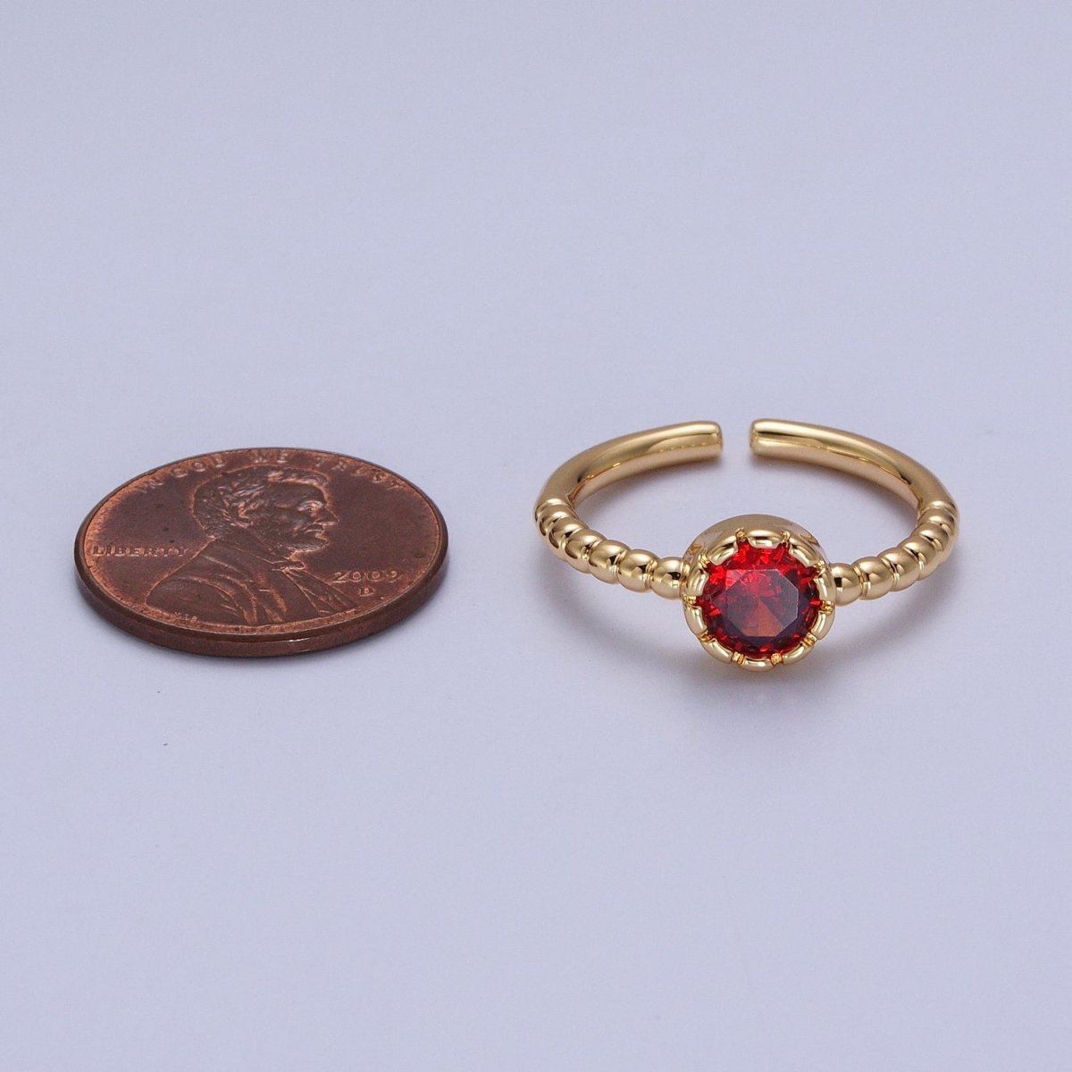 Clear, Green, Red Round CZ Solitaire Beaded Adjustable Gold Ring | Y-554 ~ Y-556 - DLUXCA