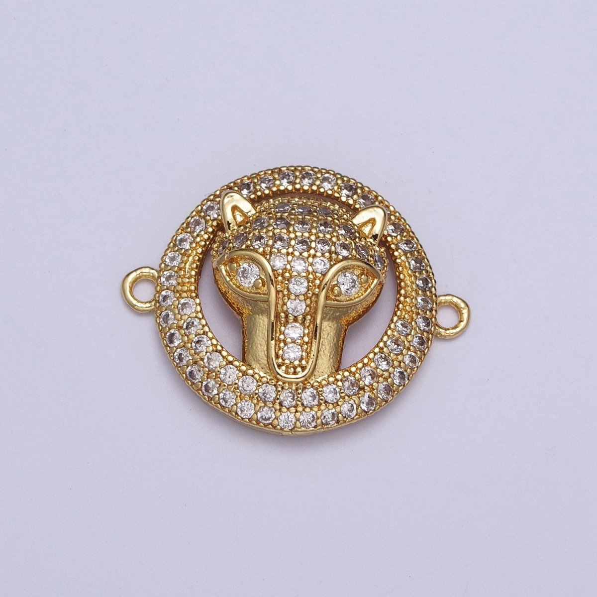 Clear Micro Pave CZ Animal Head Gold Circular Connector, Leopard Cheetah Fox Head Jewelry Component G-532 - DLUXCA