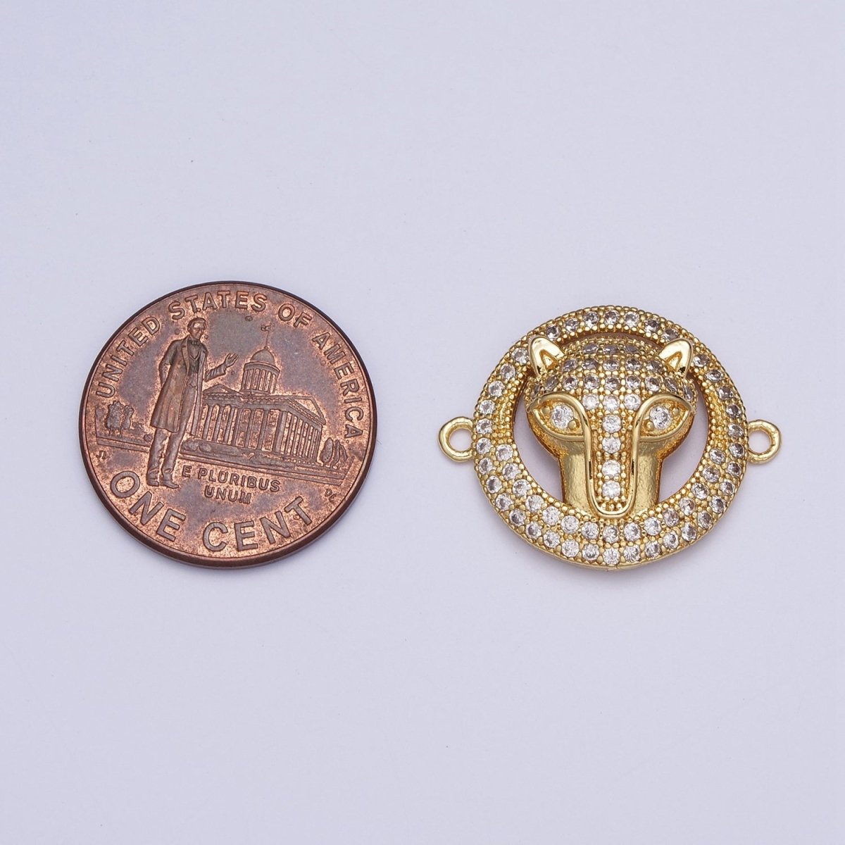 Clear Micro Pave CZ Animal Head Gold Circular Connector, Leopard Cheetah Fox Head Jewelry Component G-532 - DLUXCA