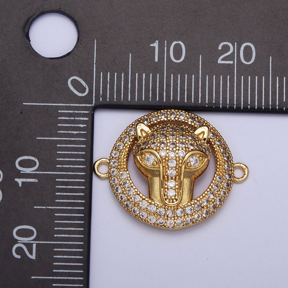 Clear Micro Pave CZ Animal Head Gold Circular Connector, Leopard Cheetah Fox Head Jewelry Component G-532 - DLUXCA