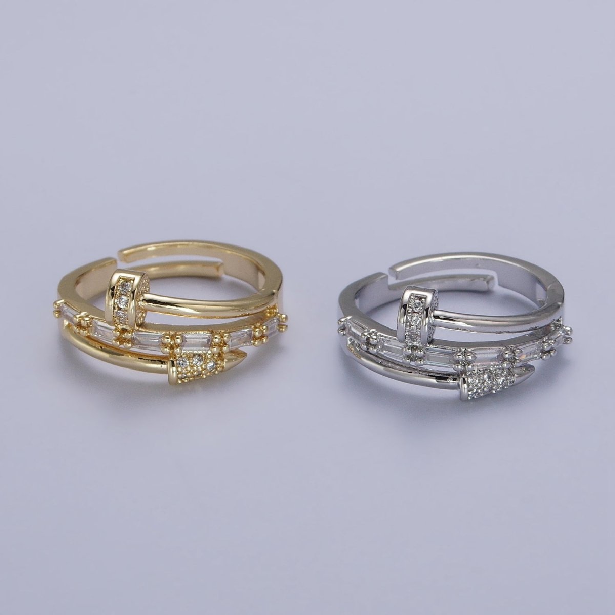 Clear Micro Paved Baguette Adjustable Nail Ring in Gold & Silver | Y-563 Y-564 - DLUXCA