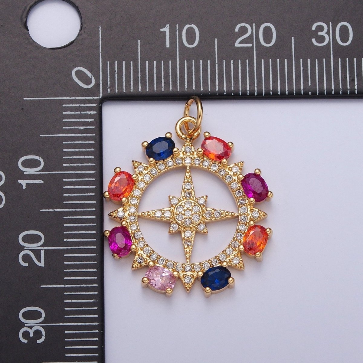 Clear Micro Paved Celestial Sun North Star Rounded Multicolor Oval CZ Medallion Charm | X-108 - DLUXCA