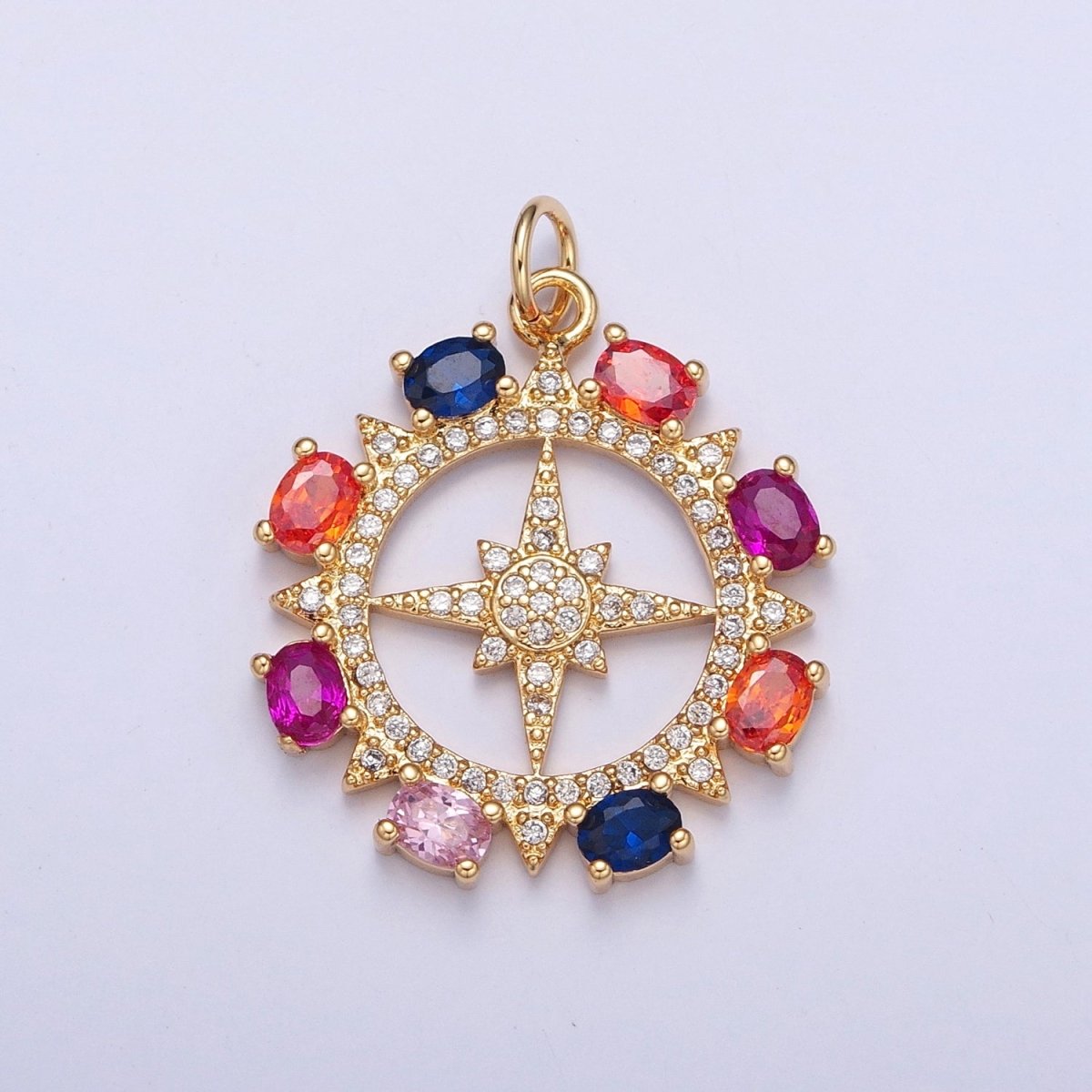 Clear Micro Paved Celestial Sun North Star Rounded Multicolor Oval CZ Medallion Charm | X-108 - DLUXCA
