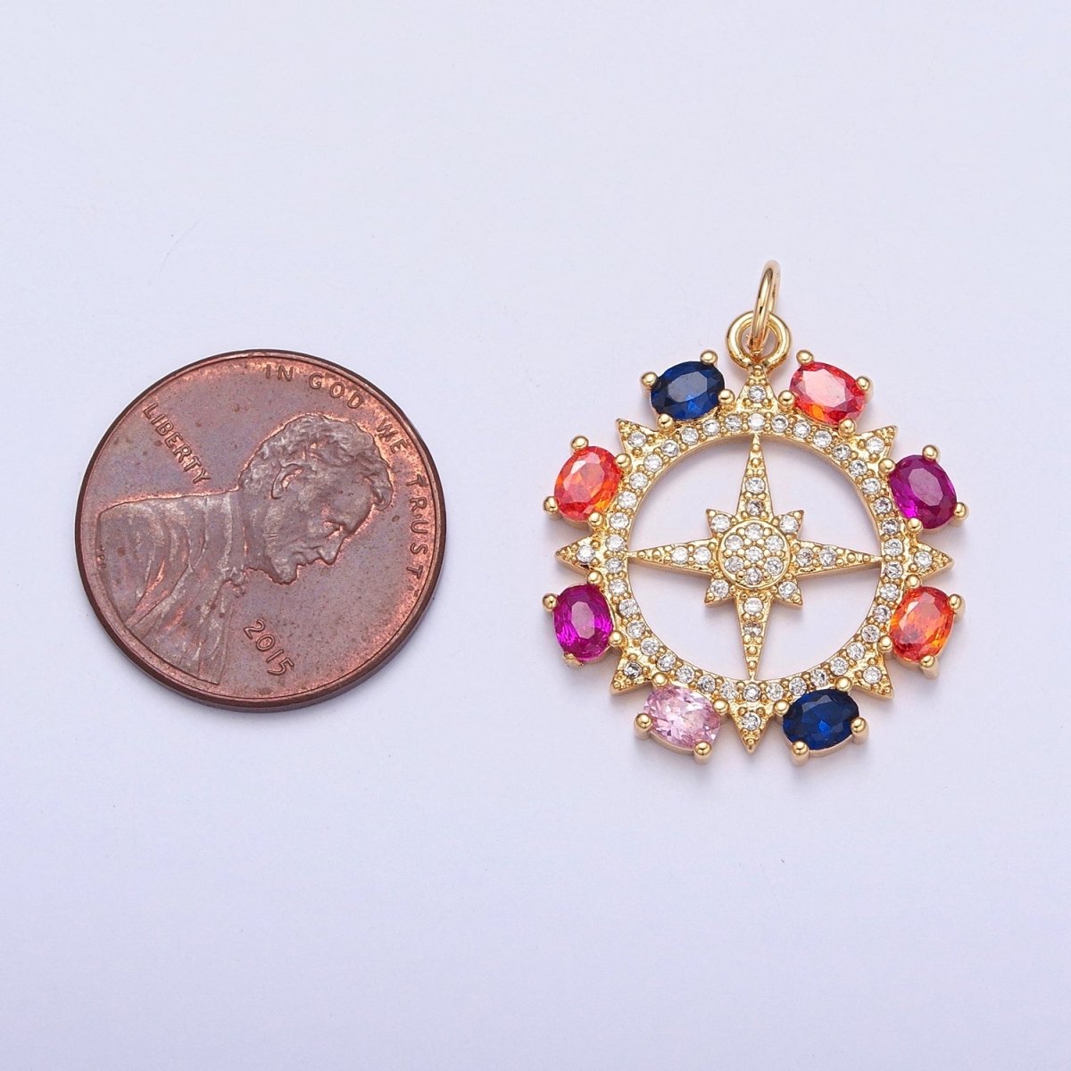 Clear Micro Paved Celestial Sun North Star Rounded Multicolor Oval CZ Medallion Charm | X-108 - DLUXCA