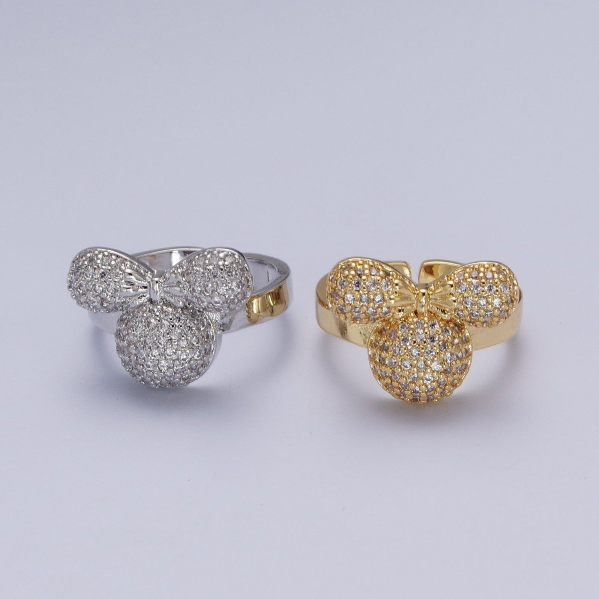 Clear Micro Paved CZ Bowed Mouse Themed Adjustable Ring in Gold & Silver | Y-461 Y-462 - DLUXCA