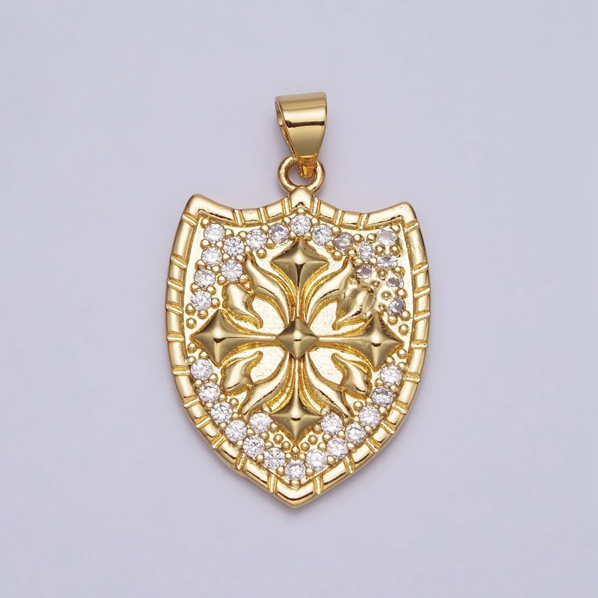 Clear Micro Paved CZ Cross Shield Crest Gold Pendant | AA085 - DLUXCA
