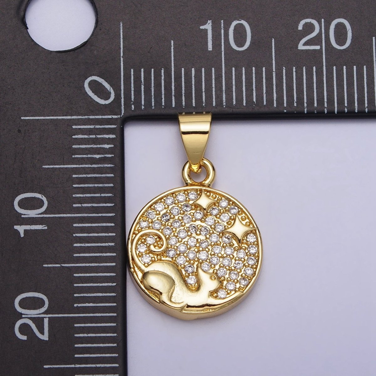 Clear Micro Paved CZ Curling Pet Cat Stars Gold Round Pendant | AA092 - DLUXCA