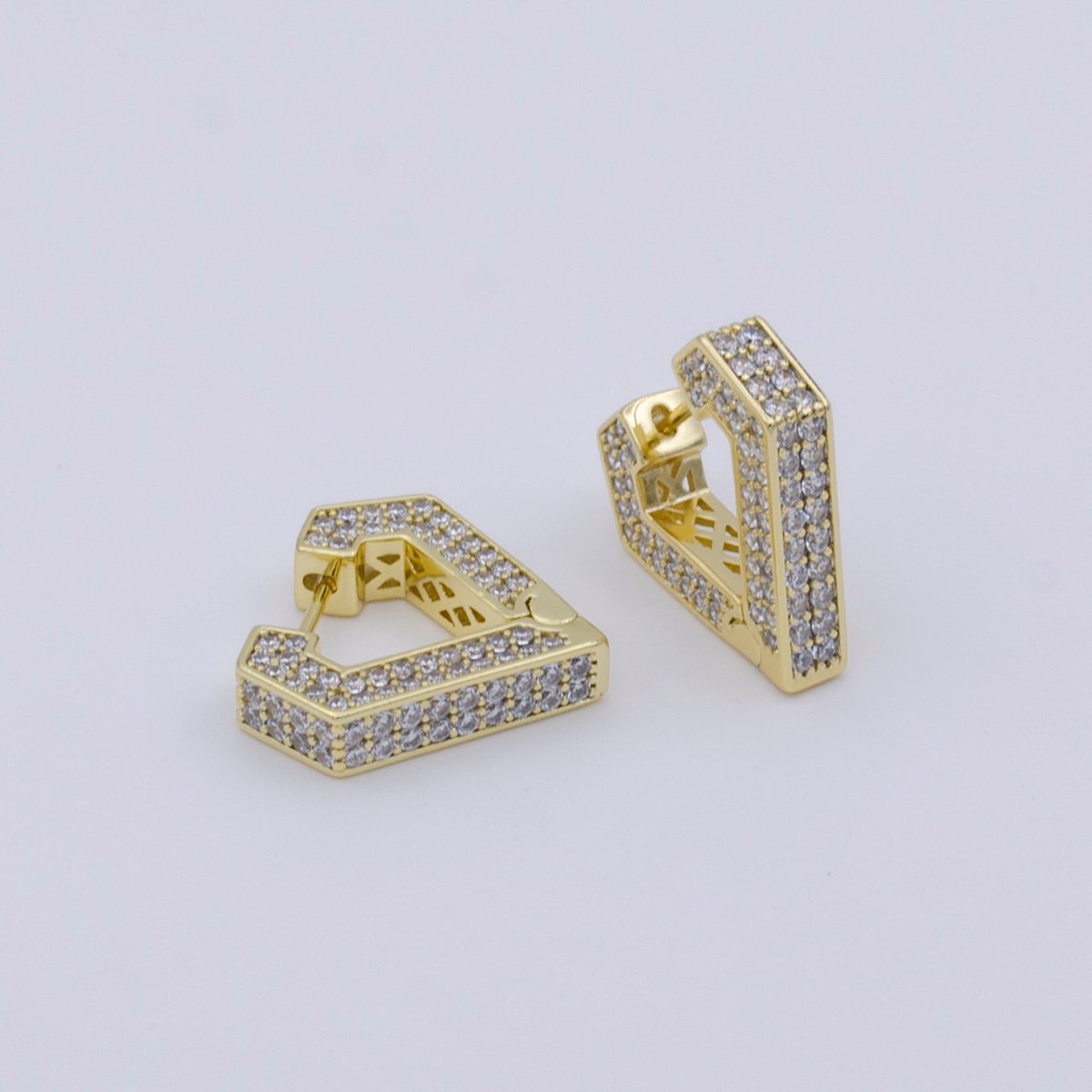 Clear Micro Paved CZ Diamond Heart Geometric Gold Hoops Earrings | Y-281 - DLUXCA