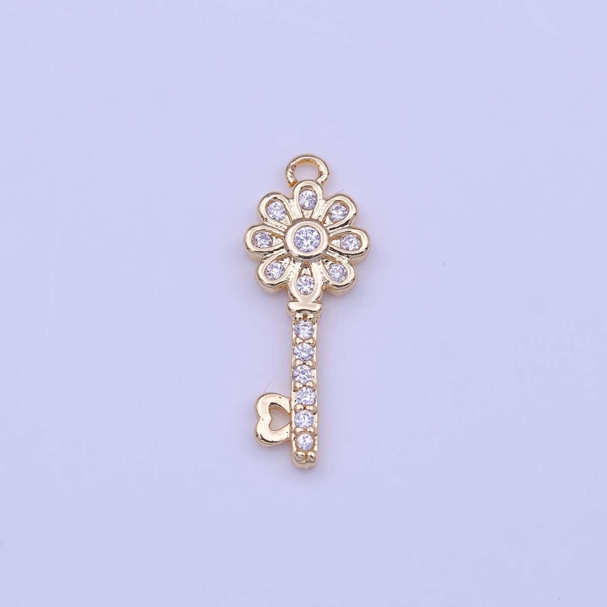 Clear Micro Paved CZ Flower Heart Key Lock Gold Charm | C-580 - DLUXCA