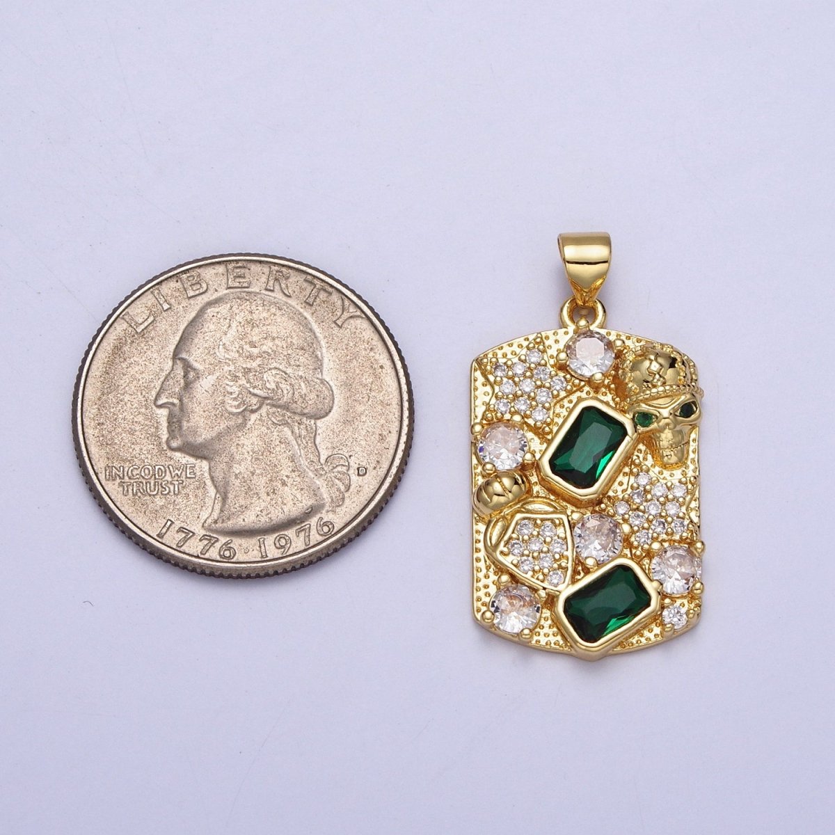Clear Micro Paved CZ Green Baguette Star Shield Skull Rectangular Tag Pendant | AA020 - DLUXCA