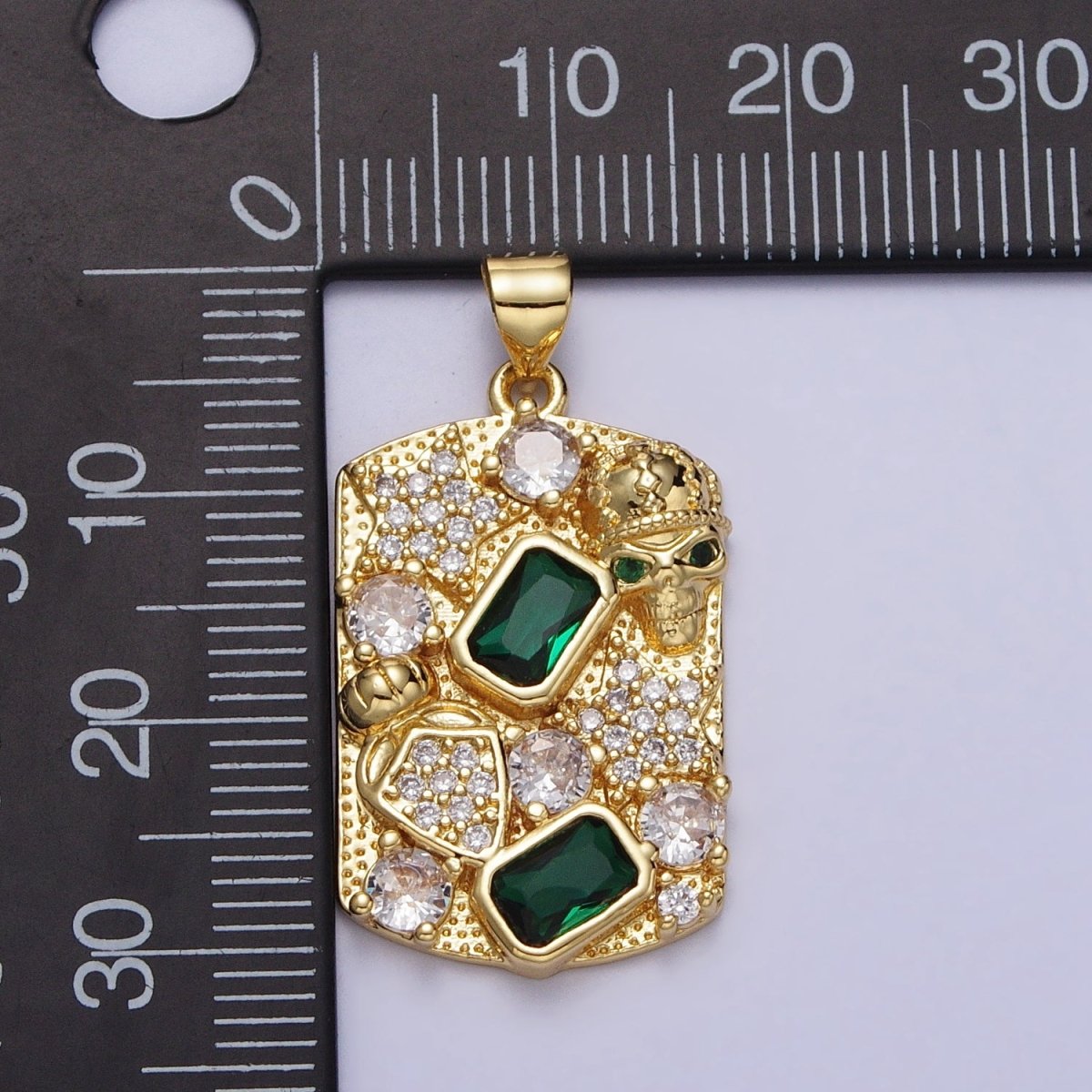 Clear Micro Paved CZ Green Baguette Star Shield Skull Rectangular Tag Pendant | AA020 - DLUXCA