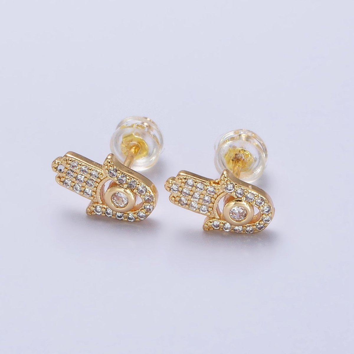 Clear Micro Paved CZ Hamsa Hand Evil Eye Mini Stud Earrings in Gold & Silver | AB503 AB509 - DLUXCA