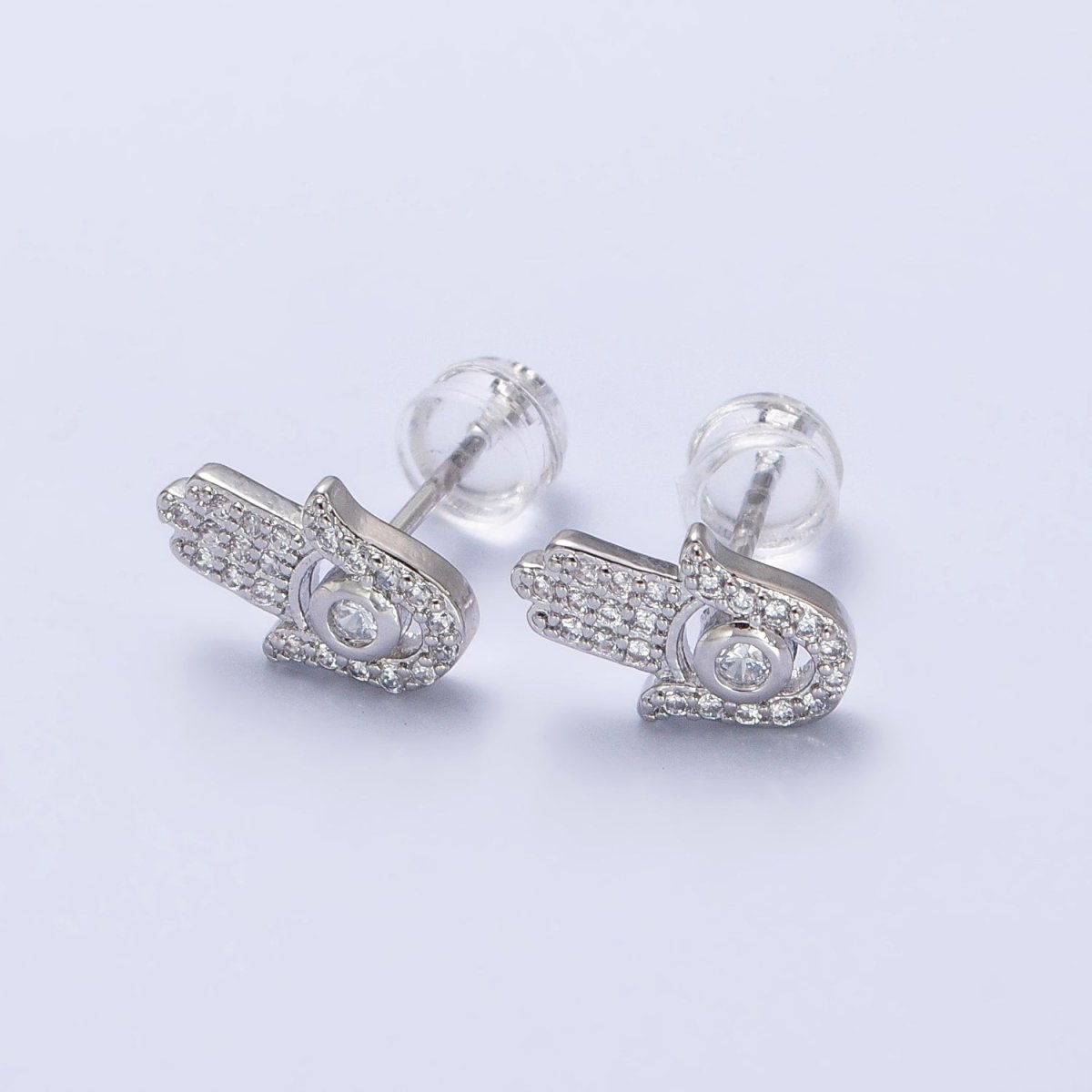 Clear Micro Paved CZ Hamsa Hand Evil Eye Mini Stud Earrings in Gold & Silver | AB503 AB509 - DLUXCA