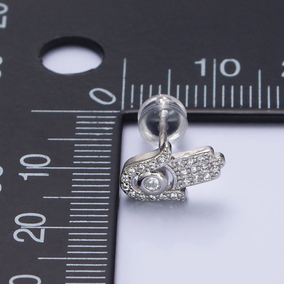 Clear Micro Paved CZ Hamsa Hand Evil Eye Mini Stud Earrings in Gold & Silver | AB503 AB509 - DLUXCA