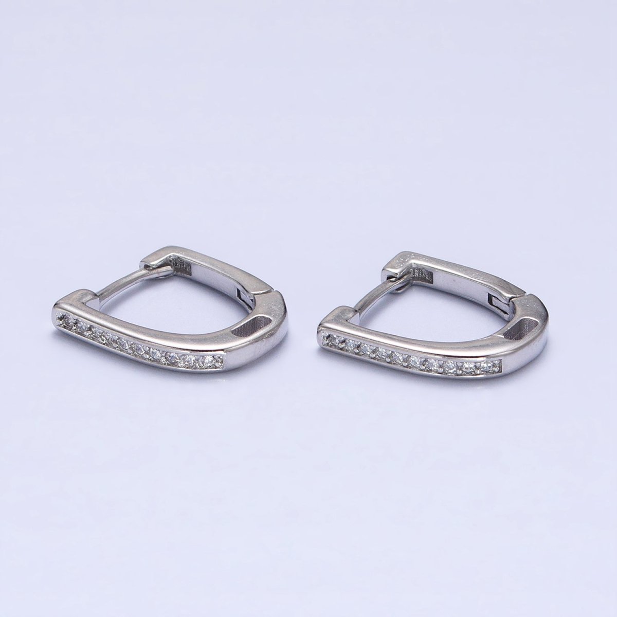 Clear Micro Paved CZ Lined U-Shaped Oblong Silver Hoop Earrings | AB439 - DLUXCA