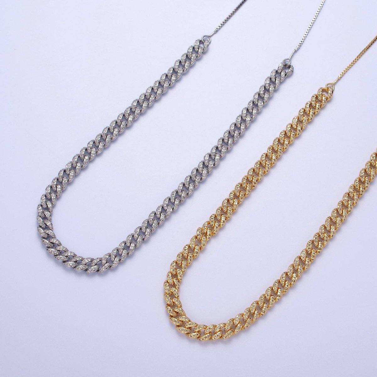 Clear Micro Paved CZ Miami Cuban Curb Adjustable Slider Necklace in Gold & Silver | WA-1517 WA-1518 Clearance Pricing - DLUXCA