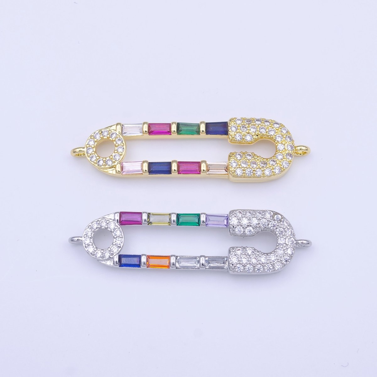 Clear Micro Paved CZ Multicolor Baguette Link Safety Pin Connector in Gold & Silver | Y-655 Y-656 - DLUXCA