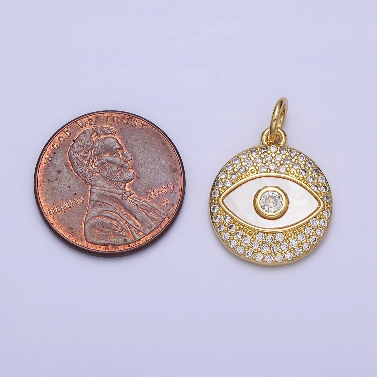 Clear Micro Paved CZ Shell Pearl Evil Eye Round Gold Charm | AC363 - DLUXCA