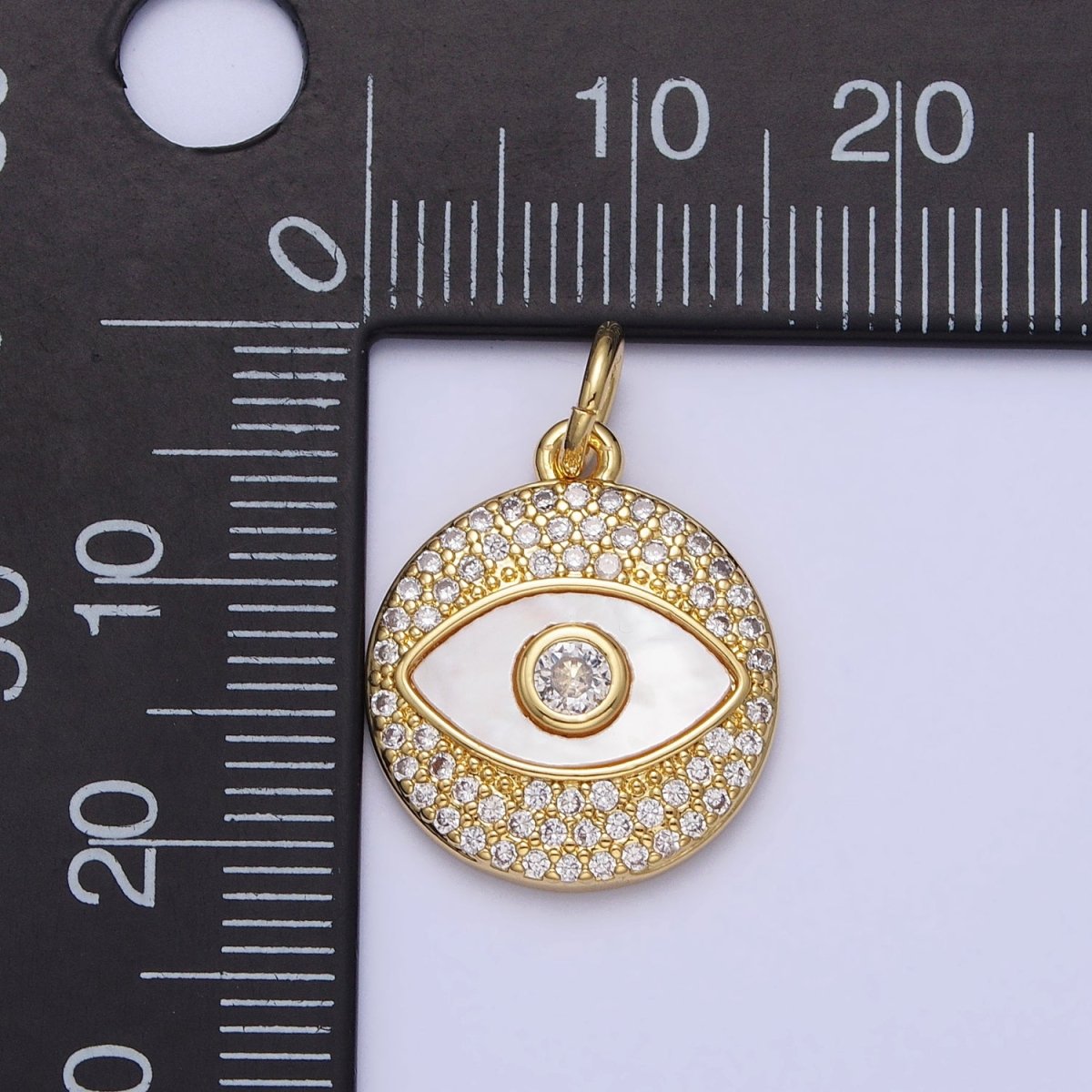 Clear Micro Paved CZ Shell Pearl Evil Eye Round Gold Charm | AC363 - DLUXCA