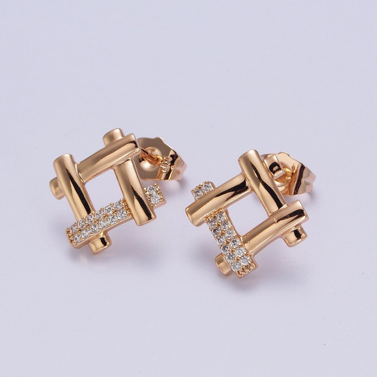 Clear Micro Paved CZ Woven Geometric Square Pinky Gold Stud Earrings P-515 - DLUXCA
