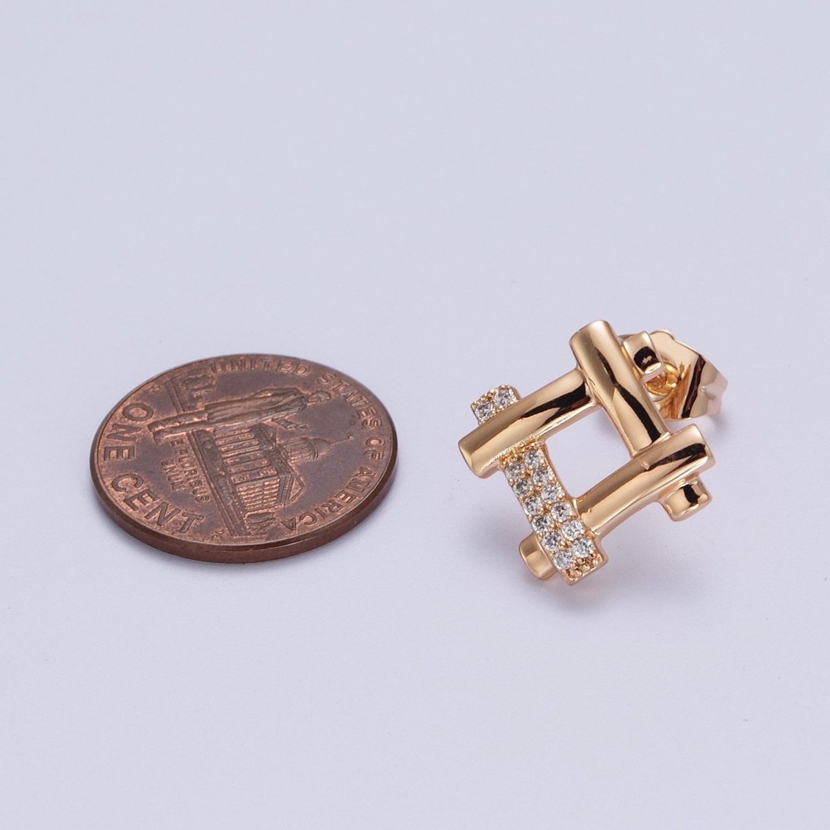 Clear Micro Paved CZ Woven Geometric Square Pinky Gold Stud Earrings P-515 - DLUXCA