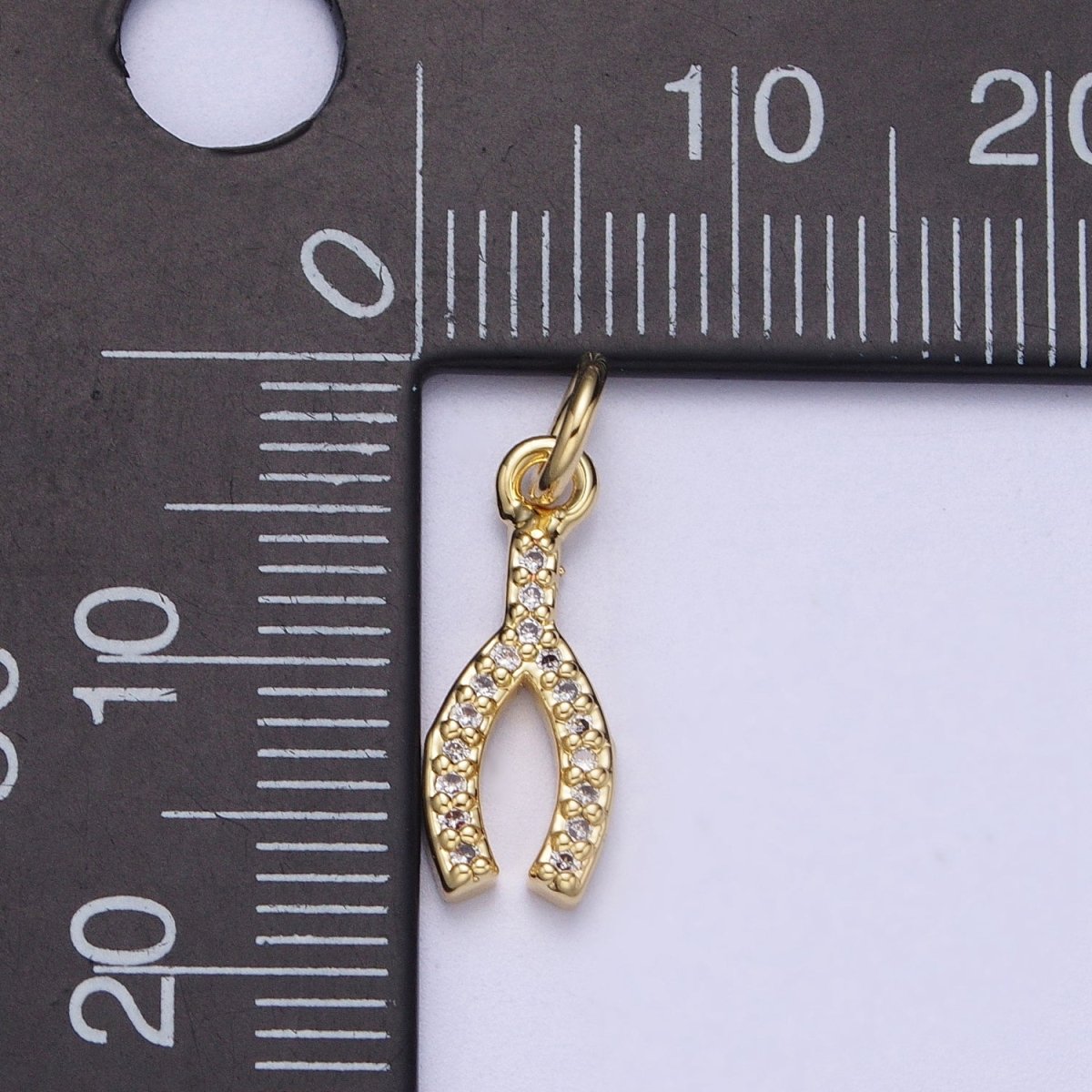 Clear Micro Paved Gold Lucky WishBone Wish Bone Cubic Zirconia Charm | A-301 - DLUXCA